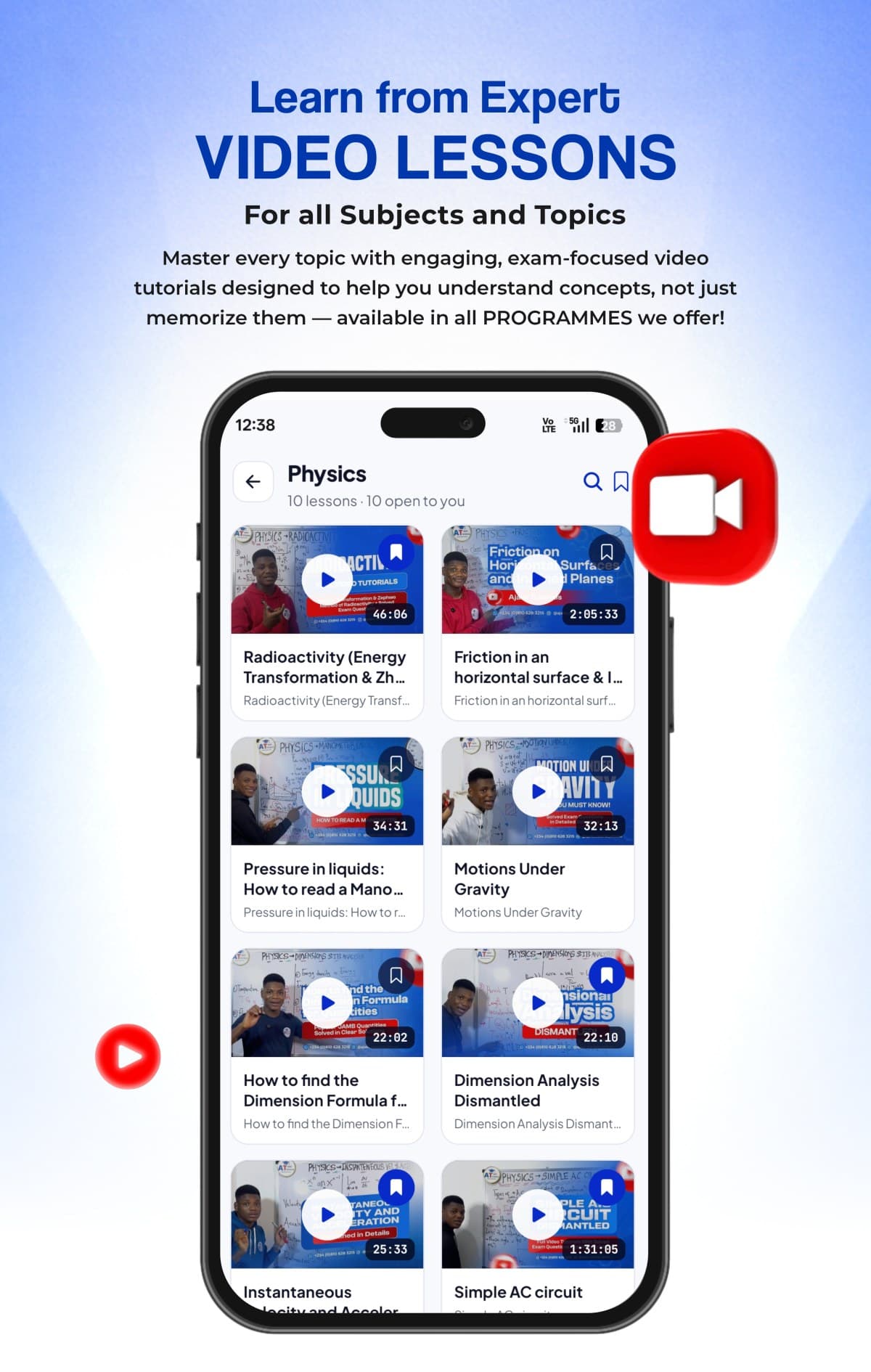 Video lessons listed topic by topic with runtimes